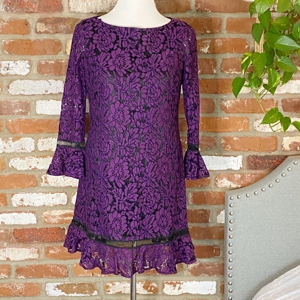 Eliza J Purple Flare Sleeve Lace Shift Dress Size 8P - Picture 4 of 11